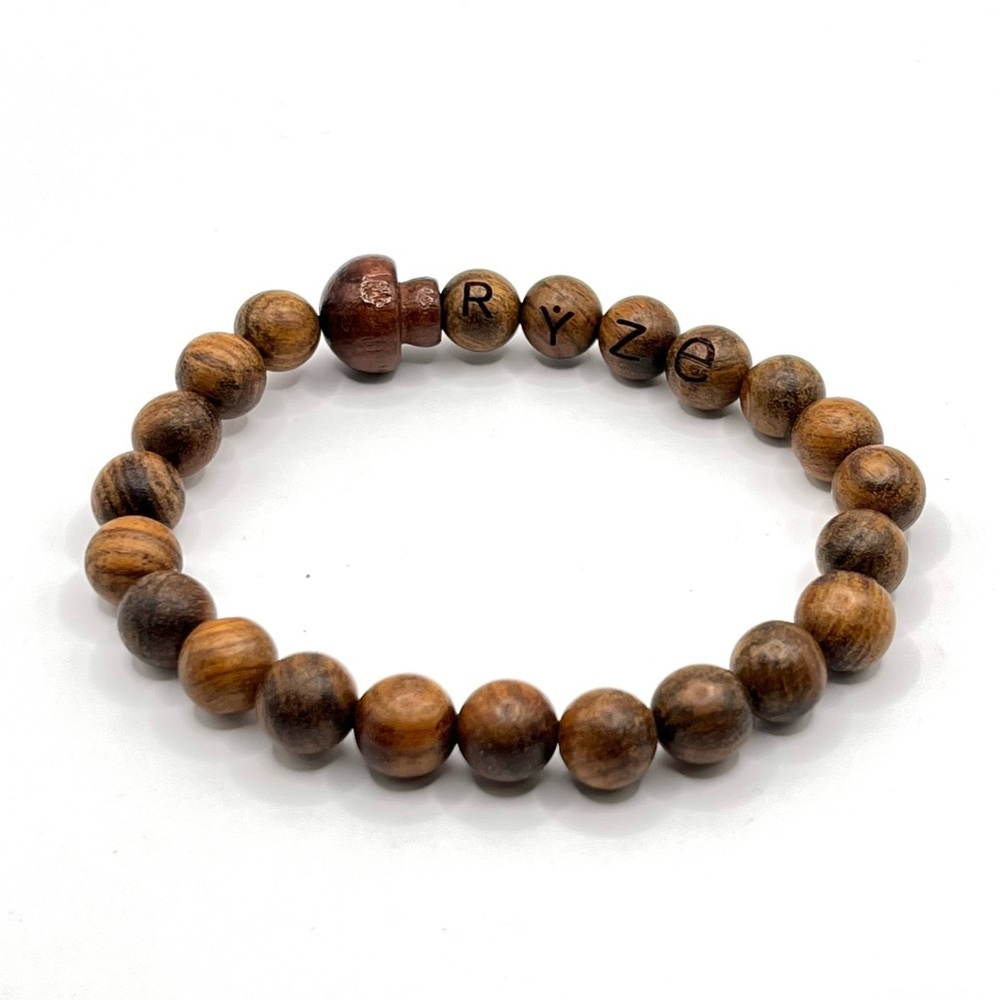 RYZE Mushroom Rosewood Bead Stretch Bracelet Quality Handmade Wood Boho Engraved - Picture 2 of 3